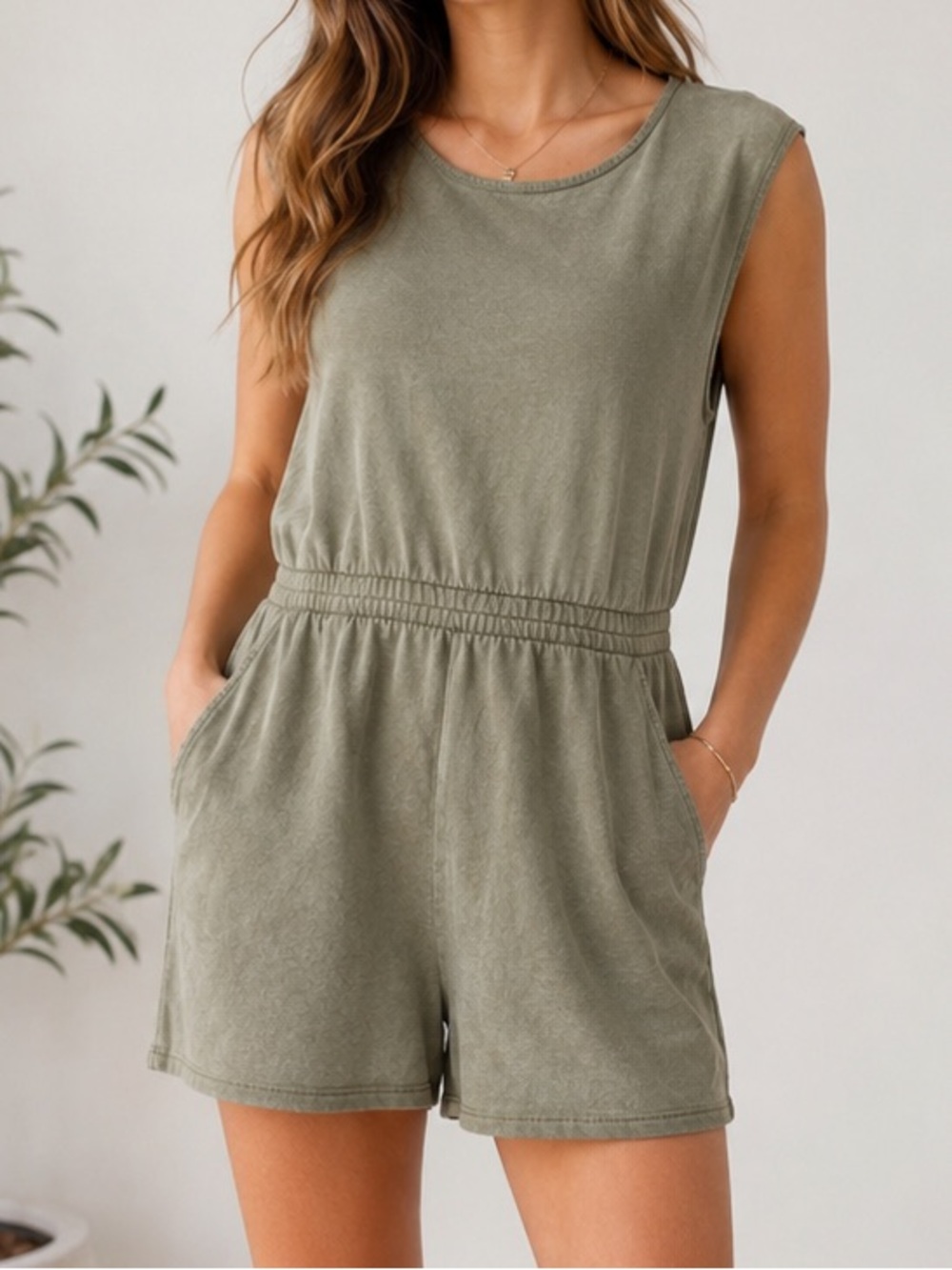 American Eagle Olive Green Cotton Linen Sleeveless Romper Pockets NWT Size XXL